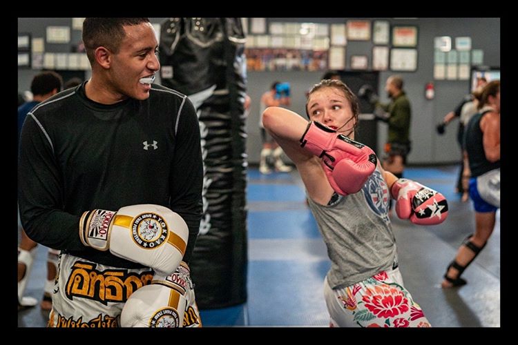 Eliza roundhouse elbow technique Muay Thai Kickboxing classes instruction